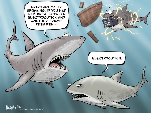 Cartoon mocking Trump's rambling campaign speech where he opined that if his "electric boat" sank in the middle of a school of sharks, he'd rather be electrocuted by the boat than eaten by the sharks.

No word on why the sharks wouldn't also be electrocuted.