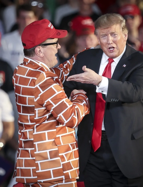 Trump introduces "Wall Suit Guy" on stage during the 2020 Race.