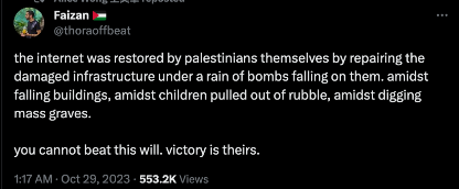 tweet posted october 29, 2023 by thoraoffbeat that reads: "the internet was restored by palestinians themselves by repairing the damaged infrastructure under a rain of bombs falling on them. amidst falling buildings, amidst children pulled out of rubble, amidst digging mass graves.

you cannot beat this will. victory is theirs."