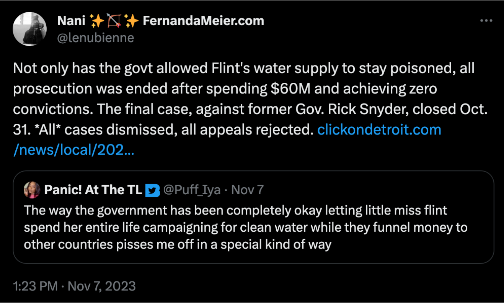 tweet by @/Puff_Iya that reads: The way the government has been completely okay with letting little miss flint spend her entire life campaigning for clean water while they funnel money to other countries pisses me off in a special kind of way 

user @/lenubienne quote tweeted with: Not only has the government allowed Flint's water supply to stay poisoned, all prosecution was ended after spending sixty million dollars and achieving zero convictions. The final case, against former Governor Rick Snyder, closed October 31st. All cases dismissed, all appeals rejected. They added a link from click on detroit for verification and more information.