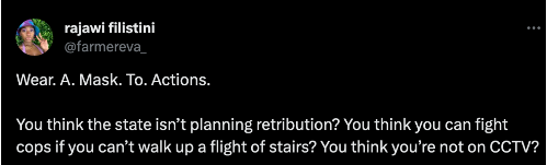 tweet by user @/farmereva_ that reads: 

"Wear A Mask To Actions. 

You think the state isn’t planning retribution? You think you can fight cops if you can’t walk up a flight of stairs? You think you’re not on CCTV?"