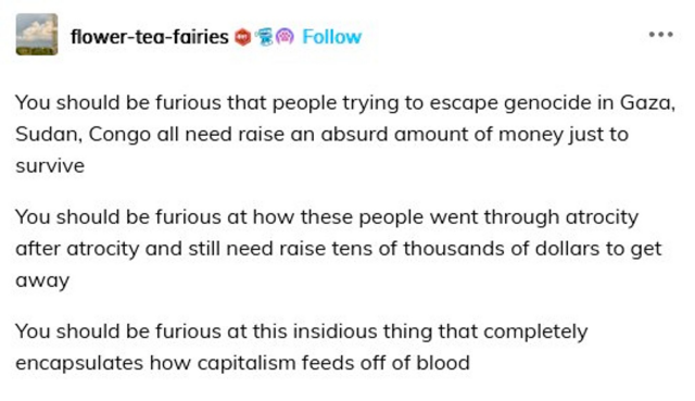 tumblr post by flower-tea-faries that reads: 
You should be furious that people trying to escape genocide in Gaza, Sudan, Congo all need raise an absurd amount of money just to survive

You should be furious at how these people went through atrocity after atrocity and still need raise tens of thousands of dollars to get away

You should be furious at this insidious thing that completely encapsulates how capitalism feeds off of blood