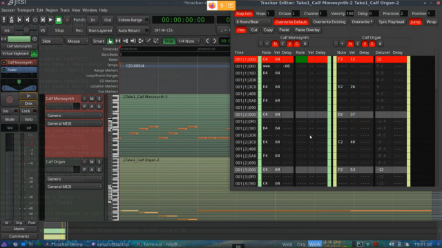 A screenshot (taken from the video linked below) showing Ardour and a tracker interface in a window showing a table with MIDI data and how that's reflected on a MIDI track on Ardour's timeline.

https://odysee.com/@ngeiswei:d/ardour-tracker-interface-on-2022-01-24-17-37:9?t=1217