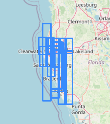 A map showing satellite image footprints covering the west coast of Florida