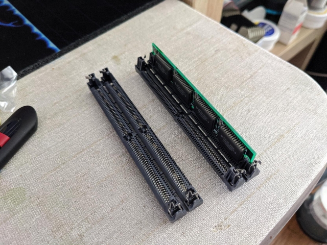 two pairs of 68 pin SIMM slots, there's a Mac VRAM SIMM inside one of them to show that they're the right polarization and everything.