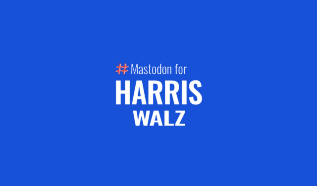 White text against a blue background. It reads: # Mastodon for Harris Walz