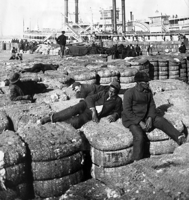 White and black dockworkers rest on cotton bales. The general strike was successful because of solidarity between black and white workers. By B. L. Singlay - https://timeline.com/white-and-black-workers-in-nola-joined-forced-to-strike-ea02c5fafb25https://www.gettyimages.com/detail/news-photo/cotton-wharf-in-new-orleans-with-stevedores-lounging-on-news-photo/514901784https://www.loc.gov/item/2018649753/, Public Domain, https://commons.wikimedia.org/w/index.php?curid=75561639