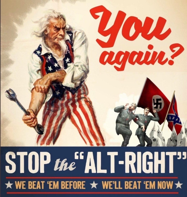 Poster of Uncle Sam rolling up his sleeves to fight fascists in the background. Lettering says We Beat Them Before and We’ll Beat Them Again.