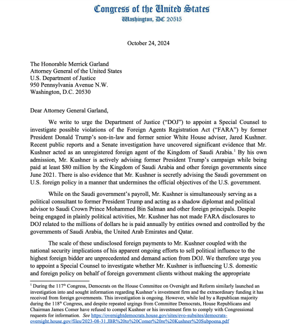 First page of letter from Raskin and Wyden to DOJ about Kushner, click link to access letter