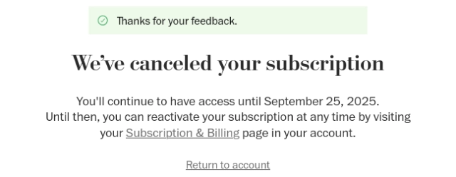 Image showing that I've successfully canceled my Washington Post subscription.