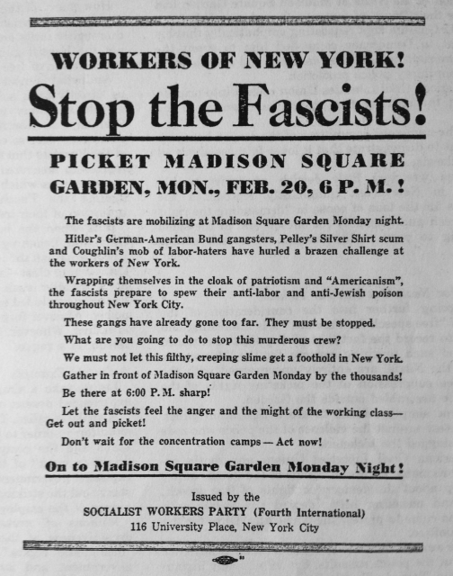 Flyer against Nazi rally at Madison Square Garden February 20, 1939