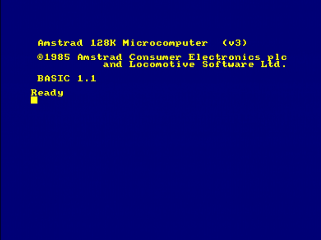 Amstrad 128K Microcomputer (v3) ©1985 Amstrad Consumer Electronics plc and Locomotive Software Ltd. BASIC 1.1 Ready