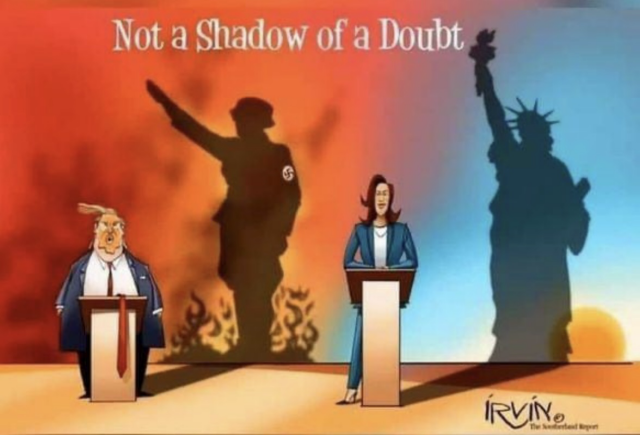 Shadow behind tRUMP is a Nazi, shadow behind Harris is the statue of Liberty