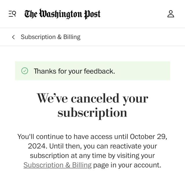 Washington Post cancellation confirmation. 