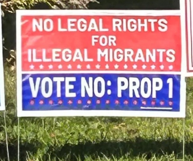 Lawn sign in NY state reading “No legal rights for illegal migrants. Vote No: Prop 1”