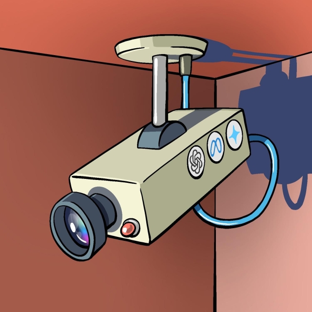 An illustration of a ceiling-mounted security camera. The camera has three logos on the side of it, in circle stickers: the OpenAI logo, the Meta logo, and the Gemini logo. The camera is hanging in a corner facing down and outward, partly towards the viewer. It has a large lens and a red light on the front. A blue wire extends from the ceiling mount to the back of the camera. The camera is a pale beige with a green tint. The lens is reflecting a rainbow of color, from pink to light blue. It is casting a hard, dark blue shadow on the red wall behind it.