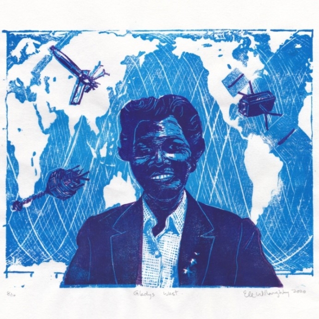 My linocut portrait of Gladys West with 3 satellites important to her career in indigo in from of world map with satellites tracks in blue.