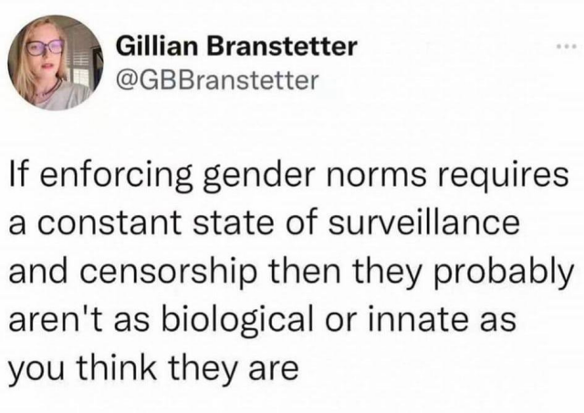 Gillian Branstetter @GBBranstetter If enforcing gender norms requires a constant state of surveillance and censorship then they probably aren't as biological or innate as you think they are