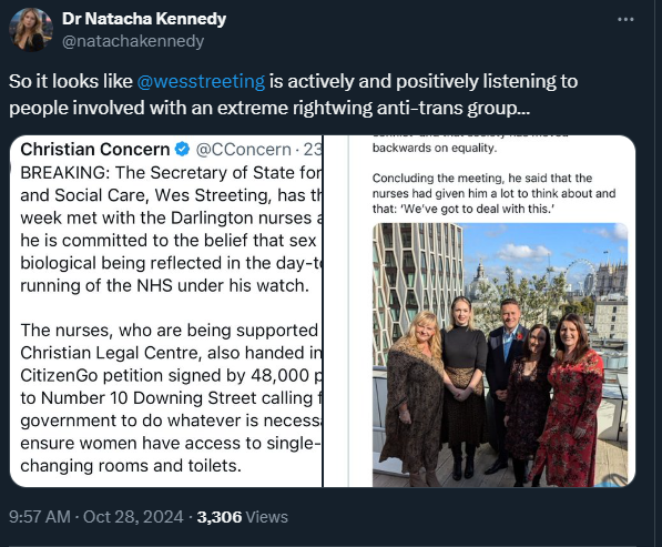 From Natacha Kennedy, news that Wes Streeting is "actively and positively listening to people involved with an extreme rightwing anti-trans group [Christian Concern]"