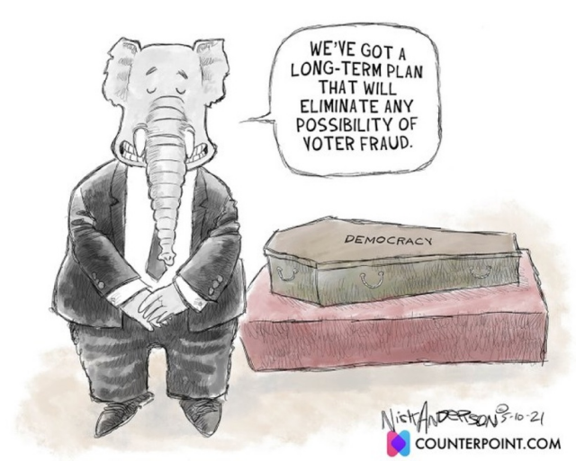 cartoon of GOP elephant in a suit standing next to a coffin labeled "Democracy" and saying "We've got a long-term plan that will eleiminate any possibility of voter fraud."