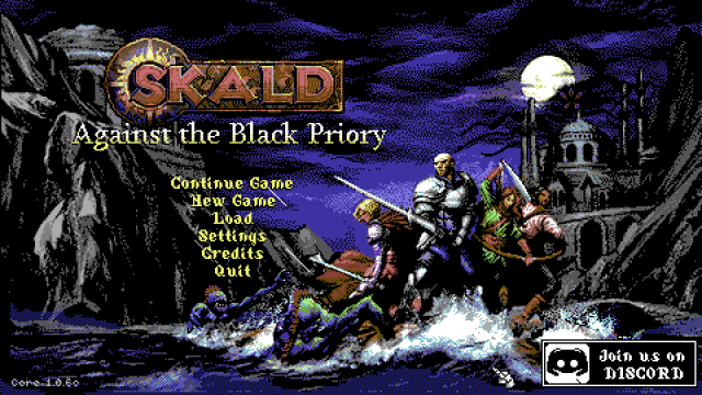 The main screen of Skald: Against the Black Priory. A group of adventurers are on a rowboat, fighting monstrous fish-frog creatures trying to climb on it. In the back one can see an ominous looking grey structure with tall towers and large arches. The whole scene is done in pixel graphics with a palette that reminds the colors of the Commodore 64.