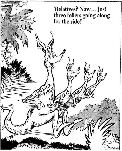 Relatives?

Naw... Just three fellers going along for the ride! (June 18, 1941, Dr. Seuss Political Cartoons. Special Collection & Archives, UC San Diego Library)