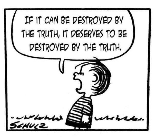 IF IT CAN BE DESTROYED BY THE TRUTH, IT DESERVES TO BE DESTROYED BY THE TRUTH.
Charles Shultz