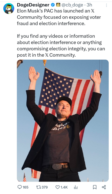 Doge designer Elon musk's pack is lunch and ex-comity focused on exposing voter fraud and election interference. If you find any videos or information about election interference or anything compromising election Integrity you can post it on the in the X