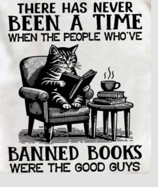 A cat sitting in a chair, reading a book with a hot cuppa.

There has never been a time when the people who've banned books were the good guys.