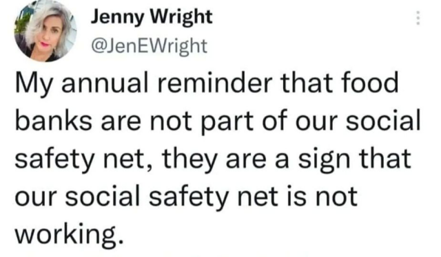 Jenny Wright
@JenEWright

My annual reminder that food banks are not part of our social safety net, they are a sign that our social safety net is not working.