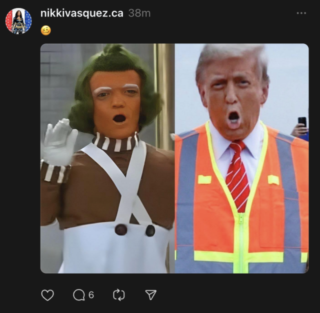 A person dressed as an Oompa Loompa next to a person in an orange vest mimicking the same expression.