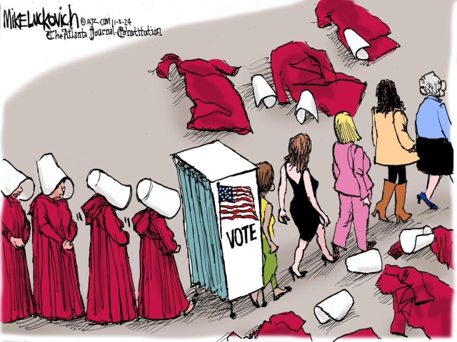 Luckovich political cartoon:

Handmaid’s Tale women enter voting booth, exit shedding the Handmaid’s Tale garb, liberated.