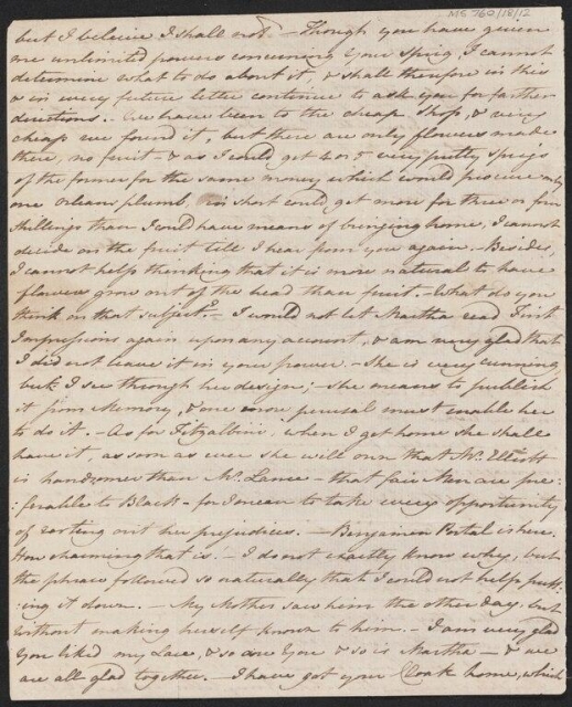 More details Page 2 of a letter from Jane Austen to her sister Cassandra (11 June 1799) in which she first mentions Pride and Prejudice, using its working title First Impressions.