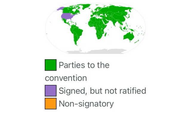 Wikipedia: Map showing which countries are part of the convention, which have signed but not ratified and which haven’t signed. Only the USA has signed, but not ratified, together with the Vatican.