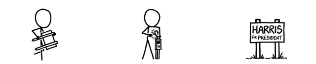 Randall Munroe's stick figure is shown carrying a yard sign, then hammering it into the ground. In the third pane just the yard sign is shown, which says, "HARRIS FOR PRESIDENT." CC BY-NC 2.5 xkcd.com