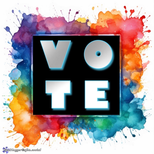 Meme: white background with a colorful splash of watercolor. Silver on black text reads,”VOTE”