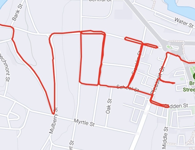 Strava activity map showing a rough sketched out “VOTE” using shapes of town streets.