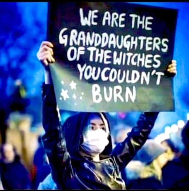 Women in crowd in a in mask, holding up a sign that says: "We are the granddaughters of the witches you couldn't burn."