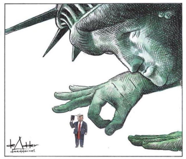 cartoon of Lady Liberty about to flick away Trump