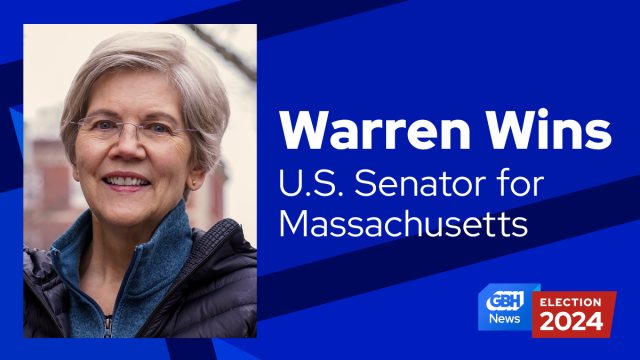 US Senator Elizabeth Warren faces the camera and smiles. Text on screen reads Warren Wins US Senator for Massachusetts, GBH News Election 2024