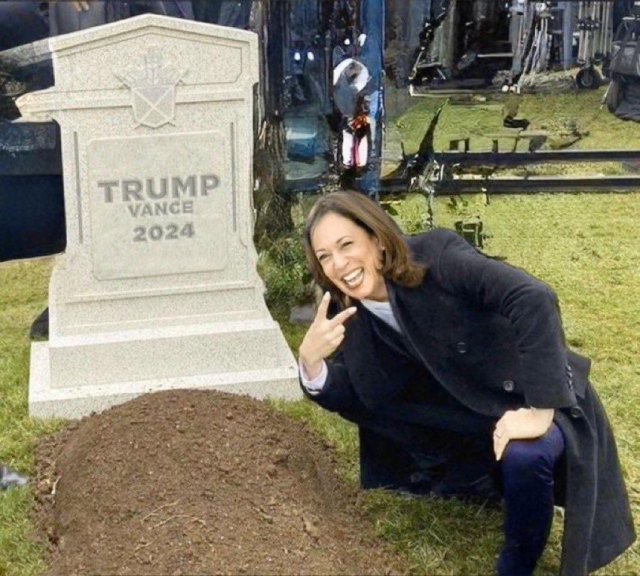 Image of Kamala Harris as the victory over a grave meme, Trump Vance on the headstone. 

LETS FUCKING GO!