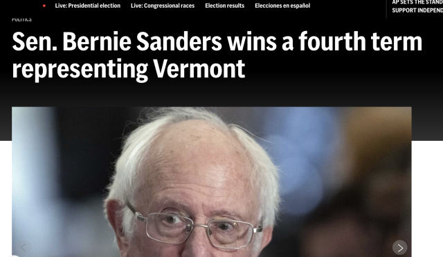 Headline. Sen. Bernie Sanders wins a fourth term representing Vermont

Burp. 