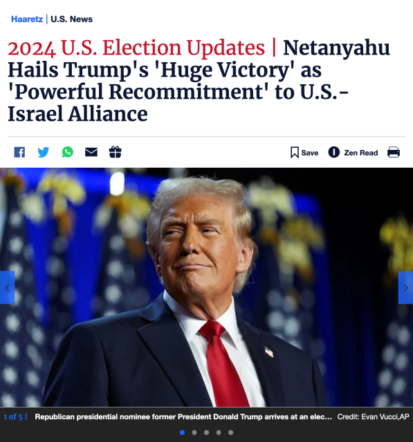 Haaretz | U.S. News
2024 U.S. Election Updates | Netanyahu Hails Trump's 'Huge Victory' as 'Powerful Recommitment' to U.S.-Israel Alliance