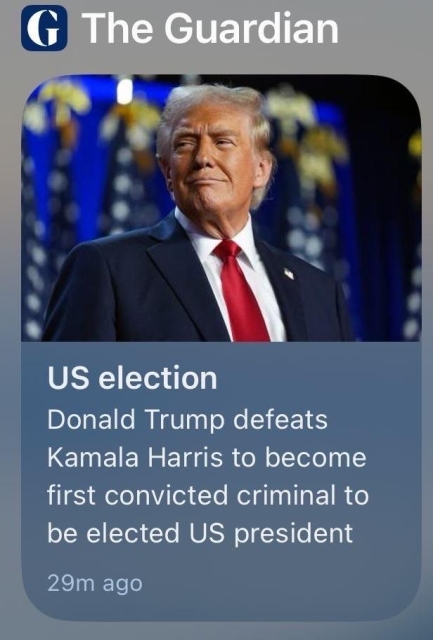 An image featuring Donald Trump, with a backdrop of blue and gold decorations, accompanied by a headline about the US election stating he has defeated Kamala Harris to become the first convicted criminal elected as US president.