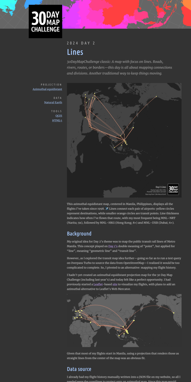 Screenshot of a web page for the #30DayMapChallenge featuring a full write-up for my Day 2 (Lines) map