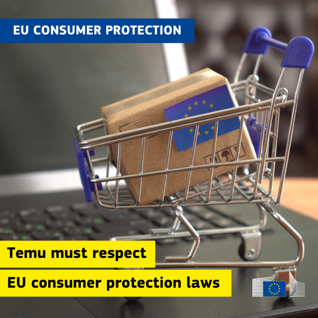 A miniature shopping cart with a tiny parcel with the EU flag on it in front of a laptop. Text on the top says EU consumer protection. Text at the bottom says Temu must respect EU consumer protection laws. In the right corner is the EU Commission logo.