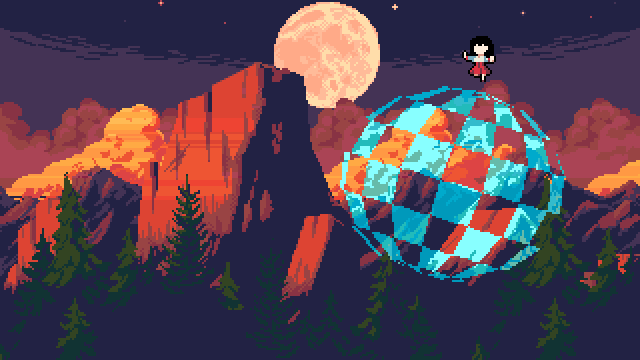 A screenshot demonstrating the “color regions” feature in the game Magicore Anomala. The background is a vibrant moonlit mountainscape with trees. In front is a cyan-colored Boing Ball with a small character standing on top of it.