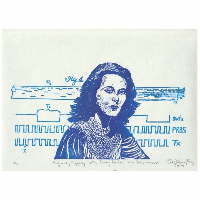 My linocut portrait of Hedy Lamarr in indigo, with diagrams from her patent (Fig 4 like a piano roll) and a schematic of how a signal marked “Data”could be encoded with a pseudo-random binary sequence “PBRS” to produce a transmitted signal “Tx” - all in blue.