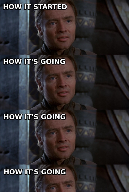 A screenshot of Richard Jordan playing Duncan Idaho in Dune (1984). The screenshot is repeated several times, the first time the caption says "How it started" and all the other ones say "How it's going".