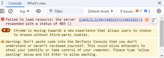 The "Failed to load resource: The server i/api/1.1/keyregistry/register:1 responded with a status of 403 ()" error in the Chrome browser console.